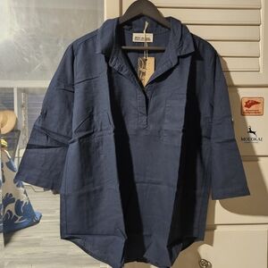 KEALOPIKO POPOVER TOP - SIZE MEDIUM - PILIALO COLLECTION - NAVY COLOR